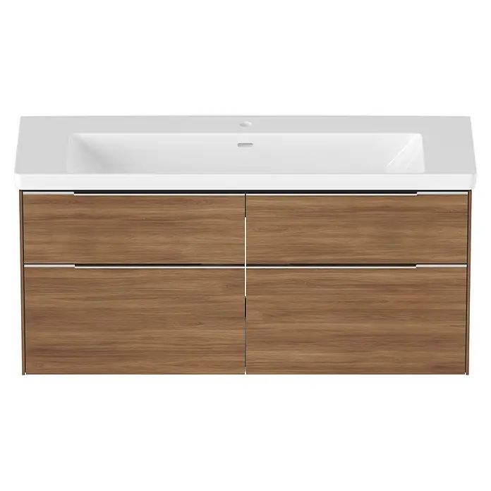 Villeroy & Boch Subway 3.0 Badmöbel-Set - Gesamtbreite Badmöbel: 127,2 cm, Kansas Oak, Hahnloch: Mitte, Waschbecken in Weiß Alpin ohne Spezialglasur, Eine große Waschschüssel - Moderner Waschtischunterschrank aus Holz mit weißem Einbauwaschbecken und vier Schubladen.