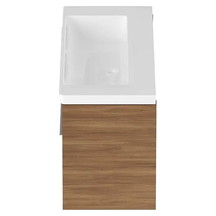 Villeroy & Boch Subway 3.0 Badmöbel-Set - Gesamtbreite Badmöbel: 127,2 cm, Kansas Oak, Hahnloch: Ohne, Waschbecken in Weiß Alpin mit schmutzabweisender Glasur, Eine große Waschschüssel - Weißes Keramik-Waschbecken integriert in weiße Arbeitsplatte und braunen Holz-Waschtischunterschrank.