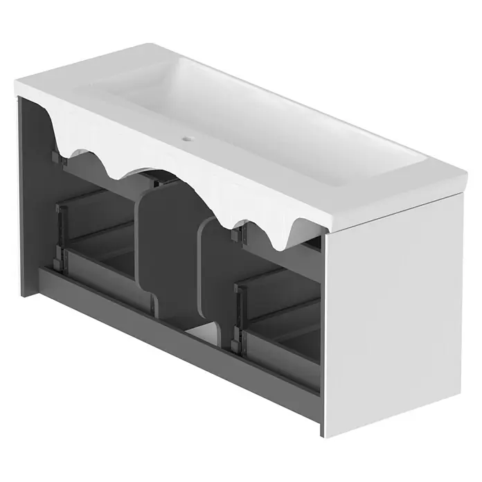 Villeroy & Boch Subway 3.0 Badmöbel-Set - Gesamtbreite Badmöbel: 127,2 cm, Brilliant White, Hahnloch: Mitte, Waschbecken in Weiß Alpin mit schmutzabweisender Glasur, Eine große Waschschüssel - Weißer Badunterschrank mit integriertem Waschbecken, zeigt dunkelgraue Innenschubladen und Sanitäröffnung.