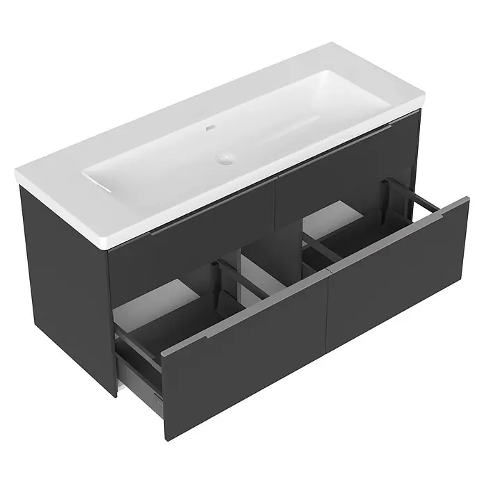 Villeroy & Boch Subway 3.0 Badmöbel-Set - Gesamtbreite Badmöbel: 127,2 cm, Graphite, Hahnloch: Ohne, Waschbecken in Weiß Alpin mit schmutzabweisender Glasur, Eine große Waschschüssel - Wandmontierter dunkelgrauer Badunterschrank mit integriertem weißen Waschbecken und zwei offenen Schubladen.