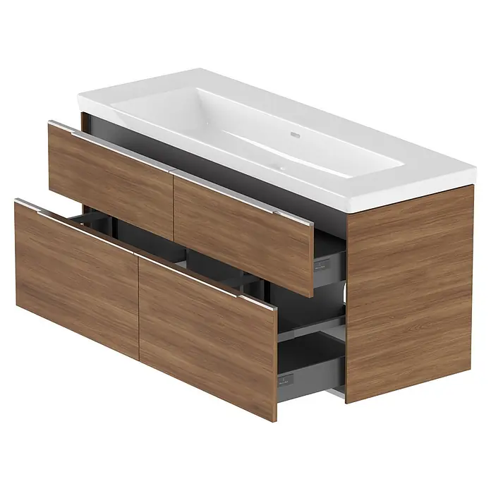 Villeroy & Boch Subway 3.0 Badmöbel-Set - Gesamtbreite Badmöbel: 127,2 cm, Kansas Oak, Hahnloch: Ohne, Waschbecken in Weiß Alpin mit schmutzabweisender Glasur, Eine große Waschschüssel - Brauner Waschtischunterschrank mit weißem Waschbecken und zwei offenen grauen Schubladen mit silbernen Griffen.