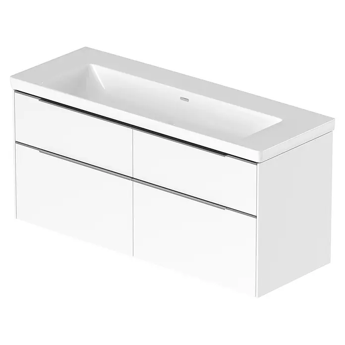 Villeroy & Boch Subway 3.0 Badmöbel-Set - Gesamtbreite Badmöbel: 127,2 cm, Brilliant White, Hahnloch: Ohne, Waschbecken in Weiß Alpin ohne Spezialglasur, Eine große Waschschüssel - Weißer Badunterschrank mit integriertem Waschbecken und zwei Schubladen, graue Griffe.