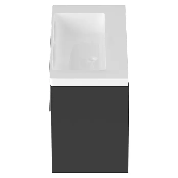 Villeroy & Boch Subway 3.0 Badmöbel-Set - Gesamtbreite Badmöbel: 127,2 cm, Graphite, Hahnloch: Ohne, Waschbecken in Weiß Alpin mit schmutzabweisender Glasur, Eine große Waschschüssel - Weißes Keramikwaschbecken, integriert in einen dunkelgrauen Badezimmerschrank.