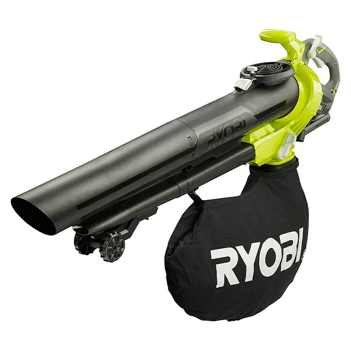 Ryobi Akku-Laubbläser RBV36B - 36 V, Ohne Akku, Blasgeschwindigkeit: 238 km/h, Blasleistung: 12,9 m³/min - Bild eines Ryobi Laubbläsers mit Auffangsack. Der Bläser ist schwarz und grün mit dem Ryobi-Logo auf dem Sack.