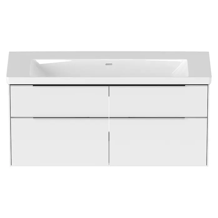 Villeroy & Boch Subway 3.0 Badmöbel-Set - Gesamtbreite Badmöbel: 127,2 cm, Brilliant White, Hahnloch: Ohne, Waschbecken in Weiß Alpin ohne Spezialglasur, Eine große Waschschüssel - Moderner weißer Badunterschrank mit integriertem rechteckigem Waschbecken und vier Schubladen mit schwarzen Griffen.