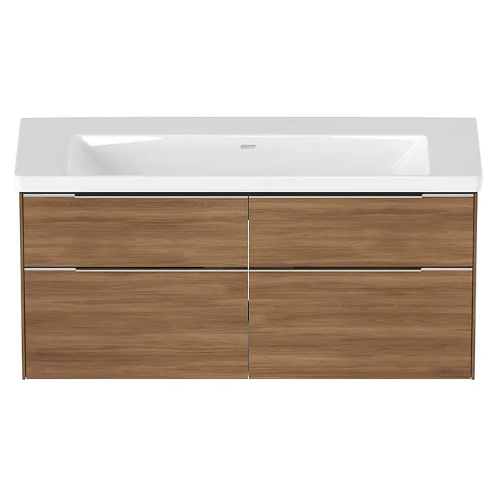 Villeroy & Boch Subway 3.0 Badmöbel-Set - Gesamtbreite Badmöbel: 127,2 cm, Kansas Oak, Hahnloch: Ohne, Waschbecken in Weiß Alpin mit schmutzabweisender Glasur, Eine große Waschschüssel - Moderner Badwaschtisch mit weißem Waschbecken und Holzschrank mit vier Schubladen.