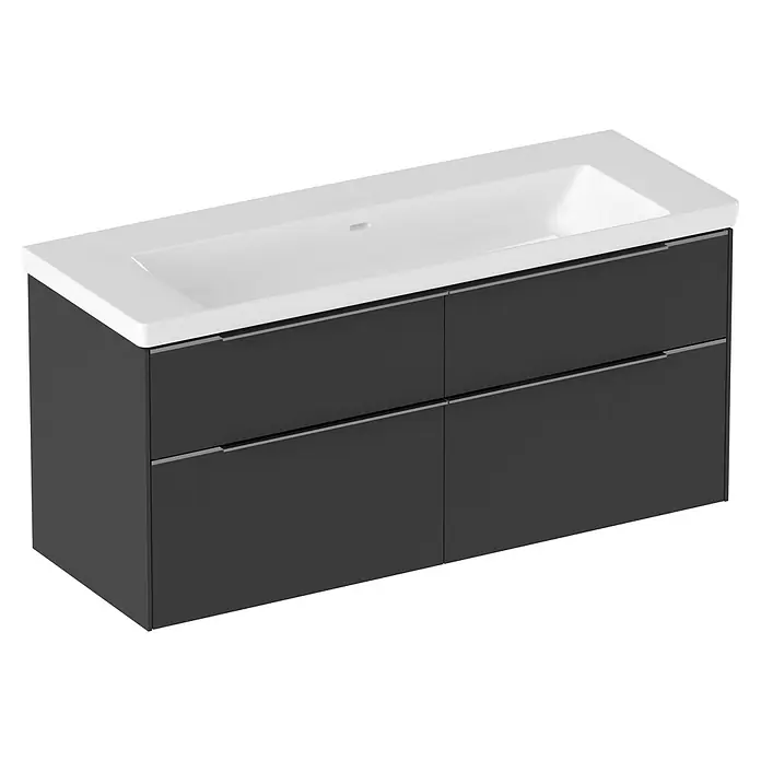 Villeroy & Boch Subway 3.0 Badmöbel-Set - Gesamtbreite Badmöbel: 127,2 cm, Graphite, Hahnloch: Ohne, Waschbecken in Weiß Alpin mit schmutzabweisender Glasur, Eine große Waschschüssel - Dunkelgrauer Waschtischunterschrank mit weißem integrierten Waschbecken und vier Schubladen mit silbernen Griffen.