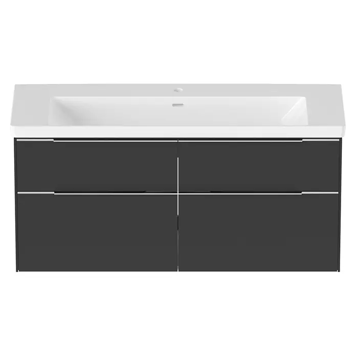 Villeroy & Boch Subway 3.0 Badmöbel-Set - Gesamtbreite Badmöbel: 127,2 cm, Graphite, Hahnloch: Mitte, Waschbecken in Weiß Alpin ohne Spezialglasur, Eine große Waschschüssel - Dunkelgrauer Badezimmerschrank mit weißem integriertem Waschbecken und vier Schubladen mit silbernen Griffen.