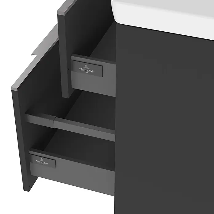 Villeroy & Boch Subway 3.0 Badmöbel-Set - Gesamtbreite Badmöbel: 127,2 cm, Graphite, Hahnloch: Mitte, Waschbecken in Weiß Alpin ohne Spezialglasur, Eine große Waschschüssel - Dunkelgrauer Badunterschrank mit zwei offenen Schubladen und weißem Waschbecken, Villeroy & Boch Logo.