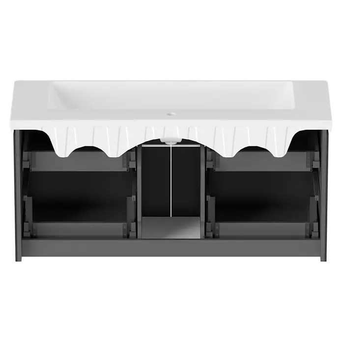 Villeroy & Boch Subway 3.0 Badmöbel-Set - Gesamtbreite Badmöbel: 127,2 cm, Graphite, Hahnloch: Mitte, Waschbecken in Weiß Alpin ohne Spezialglasur, Eine große Waschschüssel - Weißes integriertes Waschbecken und Arbeitsplatte mit offenem dunkelgrauem Waschtischunterschrank, zeigt Innenschubladen und Siphonausschnitt.