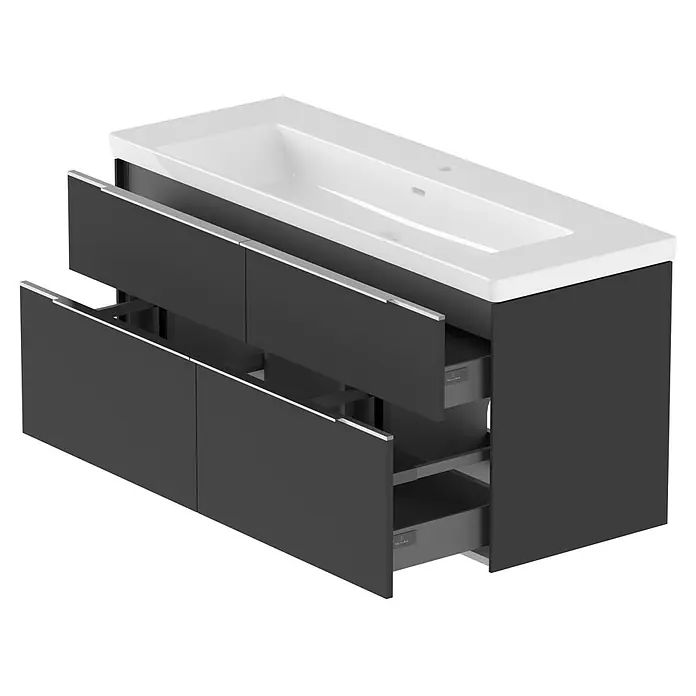 Villeroy & Boch Subway 3.0 Badmöbel-Set - Gesamtbreite Badmöbel: 127,2 cm, Graphite, Hahnloch: Mitte, Waschbecken in Weiß Alpin ohne Spezialglasur, Eine große Waschschüssel - Dunkelgrauer Badunterschrank mit integriertem weißem Keramikwaschbecken und zwei offenen Schubladen.
