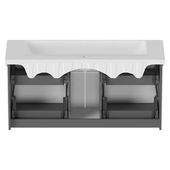 Villeroy & Boch Subway 3.0 Badmöbel-Set - Gesamtbreite Badmöbel: 127,2 cm, Brilliant White, Hahnloch: Mitte, Waschbecken in Weiß Alpin mit schmutzabweisender Glasur, Eine große Waschschüssel - Weißes Waschbecken mit offener dunkelgrauer Waschtischschublade, die interne Siphonaussparung und Stauraum zeigt.