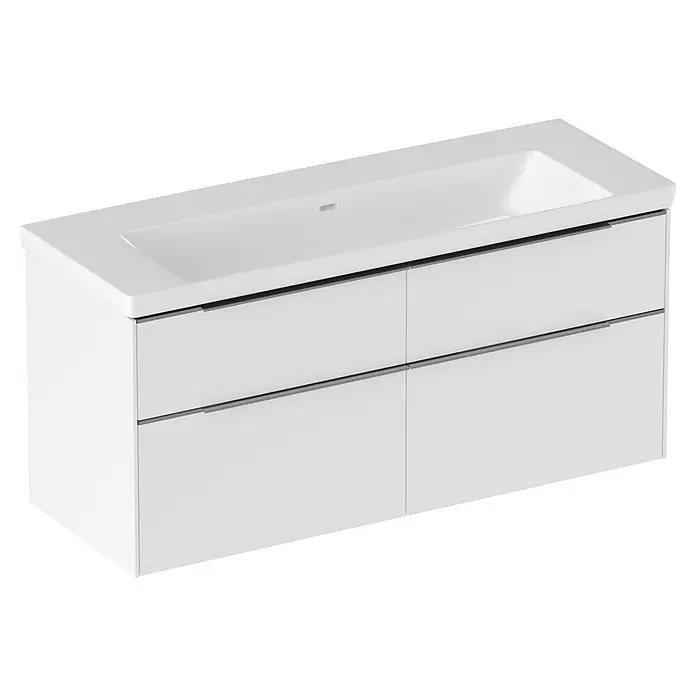 Villeroy & Boch Subway 3.0 Badmöbel-Set - Gesamtbreite Badmöbel: 127,2 cm, Brilliant White, Hahnloch: Ohne, Waschbecken in Weiß Alpin ohne Spezialglasur, Eine große Waschschüssel - Moderner weißer Badschrank mit integriertem Waschbecken und vier grifflosem Schubladen.