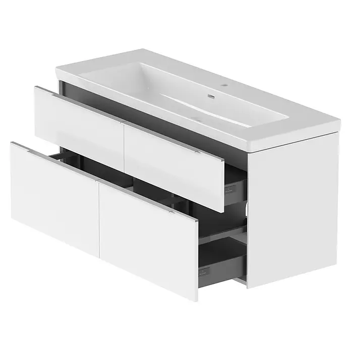 Villeroy & Boch Subway 3.0 Badmöbel-Set - Gesamtbreite Badmöbel: 127,2 cm, Brilliant White, Hahnloch: Mitte, Waschbecken in Weiß Alpin mit schmutzabweisender Glasur, Eine große Waschschüssel - Weißer wandmontierter Badunterschrank mit integriertem Keramikwaschbecken und zwei teils geöffneten weißen Schubladen mit grauen Innenteilen.