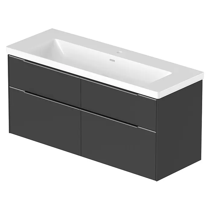 Villeroy & Boch Subway 3.0 Badmöbel-Set - Gesamtbreite Badmöbel: 127,2 cm, Graphite, Hahnloch: Mitte, Waschbecken in Weiß Alpin ohne Spezialglasur, Eine große Waschschüssel - Eleganter dunkelgrauer Badunterschrank mit integriertem weißem Waschbecken und zwei breiten, grifflosen Schubladen.
