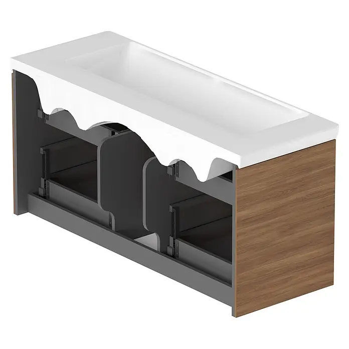 Villeroy & Boch Subway 3.0 Badmöbel-Set - Gesamtbreite Badmöbel: 127,2 cm, Kansas Oak, Hahnloch: Ohne, Waschbecken in Weiß Alpin mit schmutzabweisender Glasur, Eine große Waschschüssel - Weiße Waschtischplatte auf einem Badunterschrank mit brauner Holzseitenwand und sichtbaren dunkelgrauen Innenauszügen.