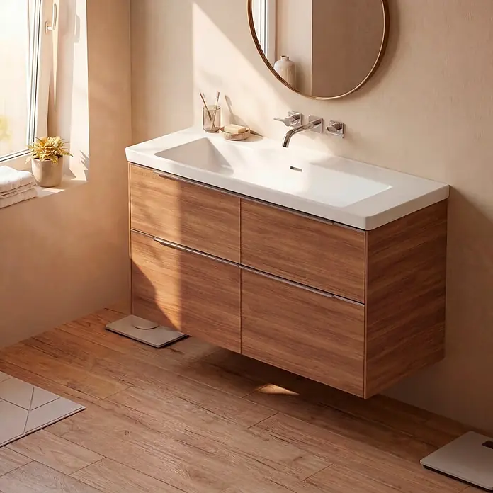 Villeroy & Boch Subway 3.0 Badmöbel-Set - Gesamtbreite Badmöbel: 127,2 cm, Kansas Oak, Hahnloch: Ohne, Waschbecken in Weiß Alpin mit schmutzabweisender Glasur, Eine große Waschschüssel - Moderner Badezimmerschrank mit weißem Keramikwaschbecken und warmen Holzunterschränken in einem sonnigen Bad.
