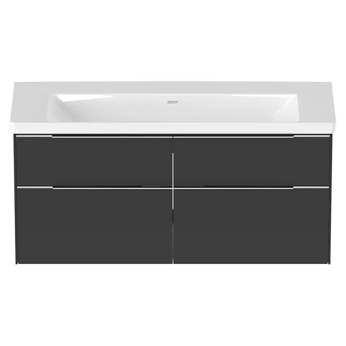Villeroy & Boch Subway 3.0 Badmöbel-Set - Gesamtbreite Badmöbel: 127,2 cm, Graphite, Hahnloch: Ohne, Waschbecken in Weiß Alpin mit schmutzabweisender Glasur, Eine große Waschschüssel - Dunkelgrauer Waschtischunterschrank mit vier Schubladen und integriertem weißen Waschbecken.