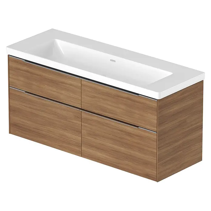 Villeroy & Boch Subway 3.0 Badmöbel-Set - Gesamtbreite Badmöbel: 127,2 cm, Kansas Oak, Hahnloch: Ohne, Waschbecken in Weiß Alpin mit schmutzabweisender Glasur, Eine große Waschschüssel - Moderner Badezimmer-Waschtischunterschrank mit weißem Keramikwaschbecken und vier Holzschubladen mit integrierten Griffen.