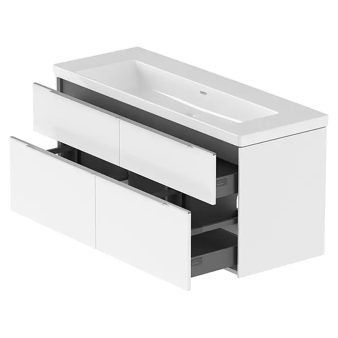 Villeroy & Boch Subway 3.0 Badmöbel-Set - Gesamtbreite Badmöbel: 127,2 cm, Brilliant White, Hahnloch: Ohne, Waschbecken in Weiß Alpin ohne Spezialglasur, Eine große Waschschüssel - Weißer Badunterschrank mit integriertem Waschbecken und zwei geöffneten Schubladen mit dunkelgrauem Interieur.