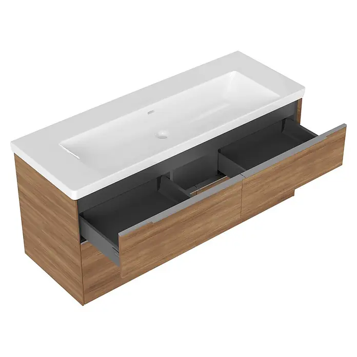 Villeroy & Boch Subway 3.0 Badmöbel-Set - Gesamtbreite Badmöbel: 127,2 cm, Kansas Oak, Hahnloch: Ohne, Waschbecken in Weiß Alpin mit schmutzabweisender Glasur, Eine große Waschschüssel - Waschtischunterschrank mit weißem Keramikbecken, hellem Holzkorpus und zwei offenen grauen Schubladen.
