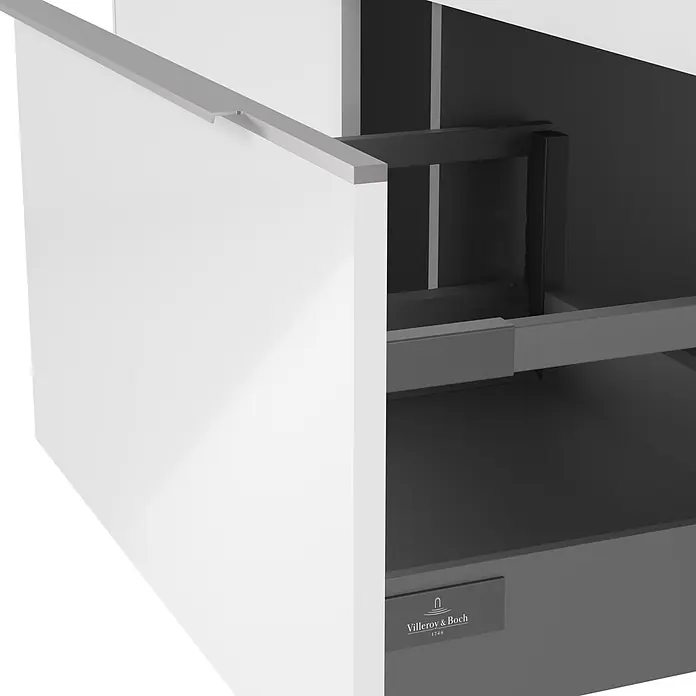 Villeroy & Boch Subway 3.0 Badmöbel-Set - Gesamtbreite Badmöbel: 127,2 cm, Brilliant White, Hahnloch: Mitte, Waschbecken in Weiß Alpin mit schmutzabweisender Glasur, Eine große Waschschüssel - Teilweise geöffnete weiße Schublade mit grauem Griff. Zeigt dunkles Schrankinnere und unteren Schubkasten mit Villeroy & Boch Logo.