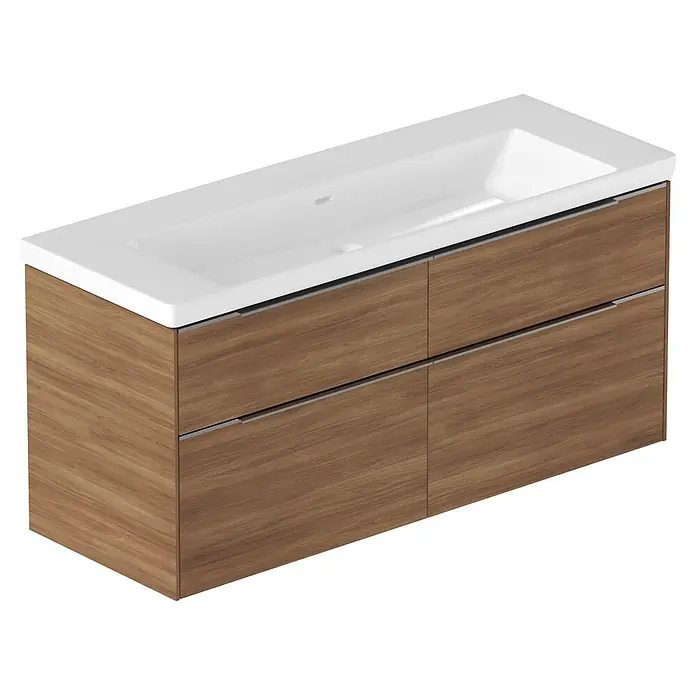 Villeroy & Boch Subway 3.0 Badmöbel-Set - Gesamtbreite Badmöbel: 127,2 cm, Kansas Oak, Hahnloch: Ohne, Waschbecken in Weiß Alpin mit schmutzabweisender Glasur, Eine große Waschschüssel - Moderne Badmöbel mit integriertem weißem Keramikwaschbecken und Holzschrank mit vier Schubladen mit integrierten Griffen.