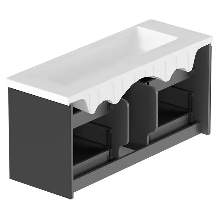 Villeroy & Boch Subway 3.0 Badmöbel-Set - Gesamtbreite Badmöbel: 127,2 cm, Graphite, Hahnloch: Ohne, Waschbecken in Weiß Alpin mit schmutzabweisender Glasur, Eine große Waschschüssel - Dunkelgrauer Waschtischunterschrank mit weißem Keramikwaschbecken, ohne Türen, zeigt Innenstruktur und Schubladenführungen.