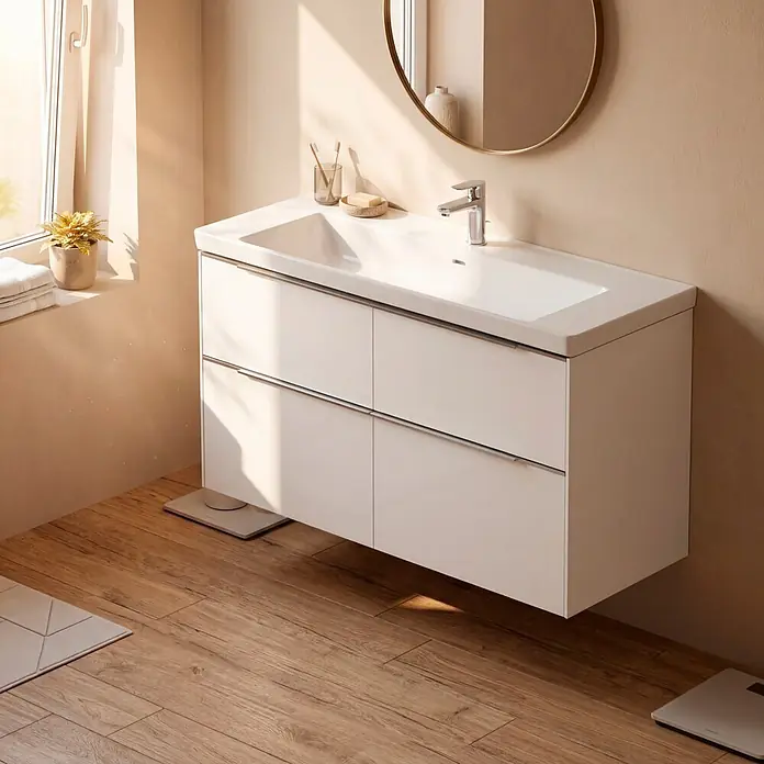 Villeroy & Boch Subway 3.0 Badmöbel-Set - Gesamtbreite Badmöbel: 127,2 cm, Brilliant White, Hahnloch: Mitte, Waschbecken in Weiß Alpin mit schmutzabweisender Glasur, Eine große Waschschüssel - Weißer wandmontierter Badezimmerschrank mit integriertem Waschbecken und zwei Schubladen, in einem sonnigen Bad.