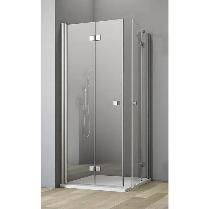 GEO Hit Eckdusche B-E430 - L x B x H: 90 x 90 x 202,2 cm, Unbeschichtet, Silber, Glasstärke: 6 mm - Bild eines modernen, dreiteiligen Duschabtrennung mit klaren Glaswänden und Chrombeschlägen, die ein stilvolles Badezimmerambiente vermittelt.