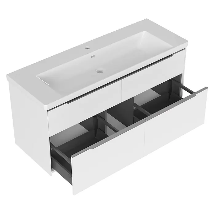 Villeroy & Boch Subway 3.0 Badmöbel-Set - Gesamtbreite Badmöbel: 127,2 cm, Brilliant White, Hahnloch: Mitte, Waschbecken in Weiß Alpin mit schmutzabweisender Glasur, Eine große Waschschüssel - Weißer Badunterschrank mit integriertem Waschbecken und zwei geöffneten Schubladen mit dunkelgrauem Innenraum.