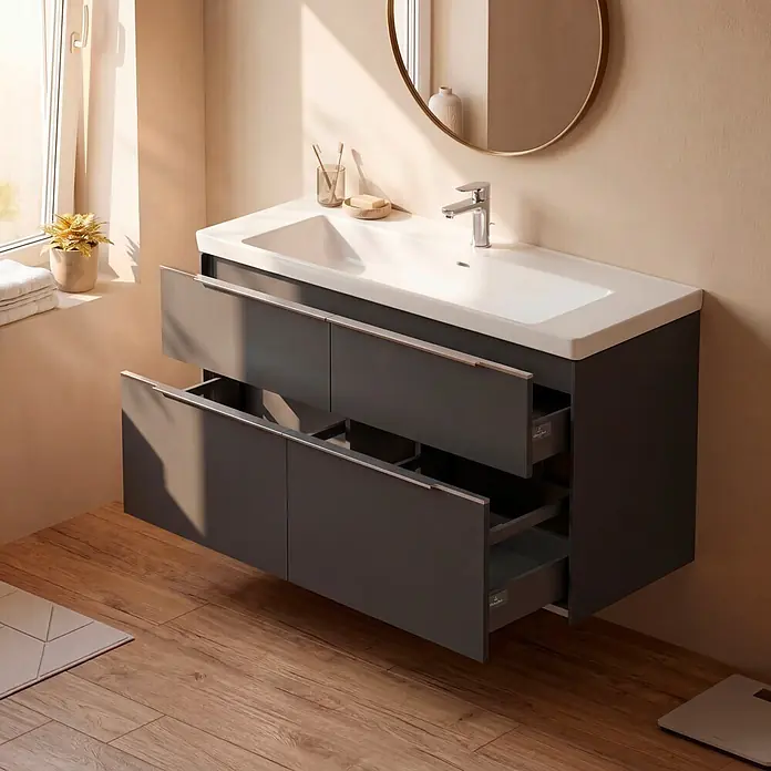 Villeroy & Boch Subway 3.0 Badmöbel-Set - Gesamtbreite Badmöbel: 127,2 cm, Graphite, Hahnloch: Mitte, Waschbecken in Weiß Alpin ohne Spezialglasur, Eine große Waschschüssel - Dunkelgrauer Badunterschrank mit weißem Waschbecken und offenen Schubladen.