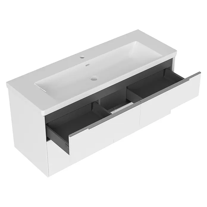 Villeroy & Boch Subway 3.0 Badmöbel-Set - Gesamtbreite Badmöbel: 127,2 cm, Brilliant White, Hahnloch: Mitte, Waschbecken in Weiß Alpin mit schmutzabweisender Glasur, Eine große Waschschüssel - Weißer Badezimmer-Waschtisch mit integriertem Waschbecken und dunkelgrauen, geöffneten Schubladen.