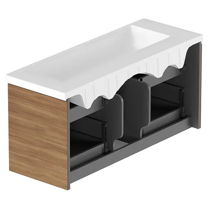 Villeroy & Boch Subway 3.0 Badmöbel-Set - Gesamtbreite Badmöbel: 127,2 cm, Kansas Oak, Hahnloch: Ohne, Waschbecken in Weiß Alpin mit schmutzabweisender Glasur, Eine große Waschschüssel - Weißer Waschtischunterschrank mit integriertem Waschbecken, Holzseitenwand und dunklen Innenschubladen.