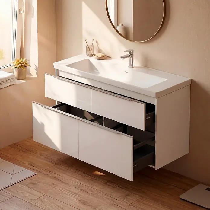 Villeroy & Boch Subway 3.0 Badmöbel-Set - Gesamtbreite Badmöbel: 127,2 cm, Brilliant White, Hahnloch: Mitte, Waschbecken in Weiß Alpin mit schmutzabweisender Glasur, Eine große Waschschüssel - Weißer Badunterschrank mit Waschbecken und zwei geöffneten Schubladen, die Stauraum in einem modernen Bad zeigen.