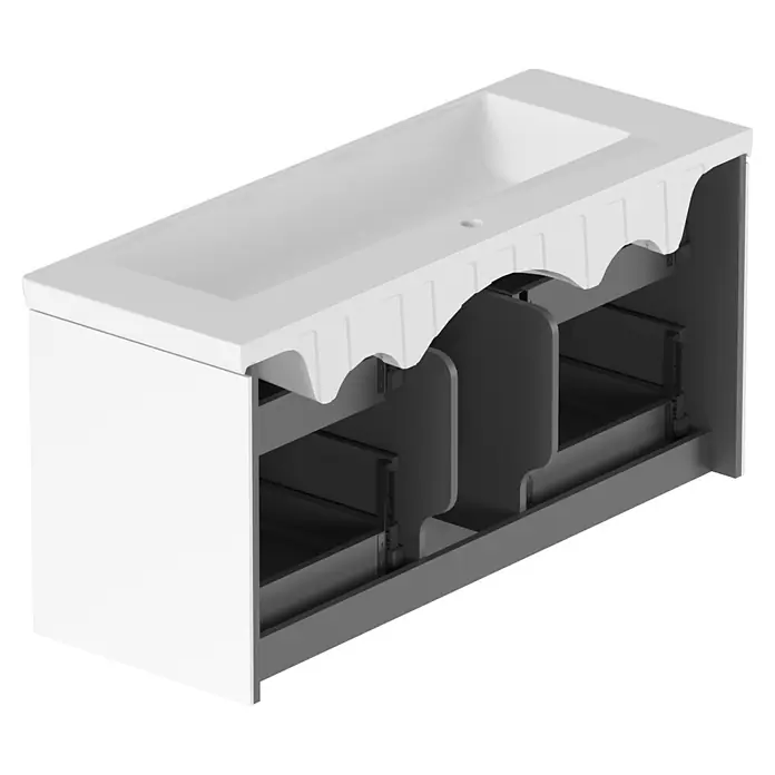 Villeroy & Boch Subway 3.0 Badmöbel-Set - Gesamtbreite Badmöbel: 127,2 cm, Brilliant White, Hahnloch: Mitte, Waschbecken in Weiß Alpin mit schmutzabweisender Glasur, Eine große Waschschüssel - Weißer Badezimmer-Waschtischunterschrank mit integriertem Waschbecken, zeigt zwei graue Auszugsschubladen.