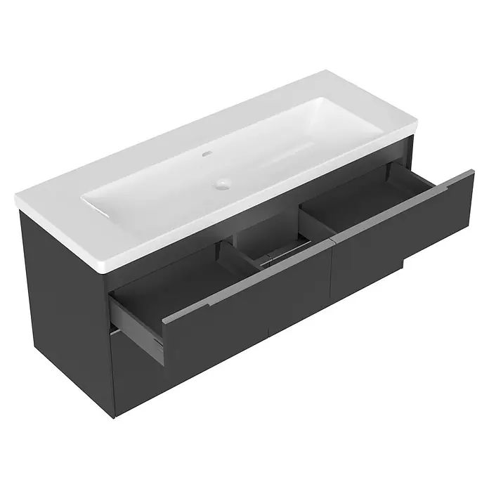 Villeroy & Boch Subway 3.0 Badmöbel-Set - Gesamtbreite Badmöbel: 127,2 cm, Graphite, Hahnloch: Ohne, Waschbecken in Weiß Alpin mit schmutzabweisender Glasur, Eine große Waschschüssel - Dunkelgrauer Waschtischunterschrank mit integriertem weißen Keramikwaschbecken und zwei geöffneten Schubladen.