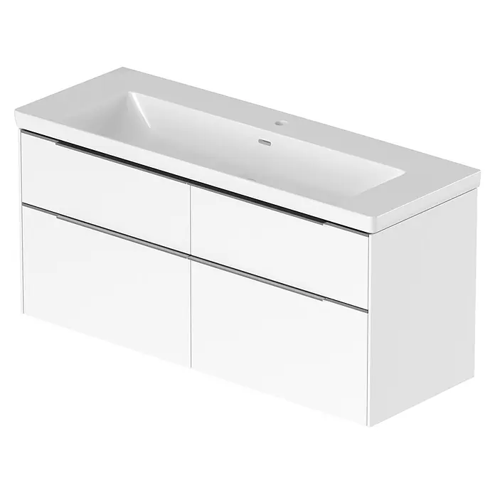 Villeroy & Boch Subway 3.0 Badmöbel-Set - Gesamtbreite Badmöbel: 127,2 cm, Brilliant White, Hahnloch: Mitte, Waschbecken in Weiß Alpin mit schmutzabweisender Glasur, Eine große Waschschüssel - Weißer wandmontierter Badezimmerwaschtisch mit integriertem Waschbecken und vier weißen Schubladenfronten.