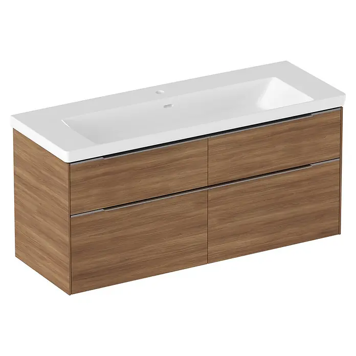 Villeroy & Boch Subway 3.0 Badmöbel-Set - Gesamtbreite Badmöbel: 127,2 cm, Kansas Oak, Hahnloch: Mitte, Waschbecken in Weiß Alpin ohne Spezialglasur, Eine große Waschschüssel - Brauner Badunterschrank aus Holz mit weißem integriertem Waschbecken und vier Schubladen mit silbernen Griffen.