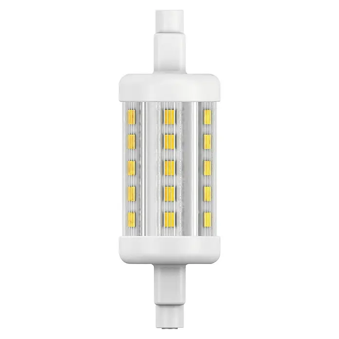 Garza Bombilla LED Lineal - R7s, No regulable, Blanco cálido, 600 lm, 5 W - Primer plano de una bombilla LED de mazorca blanca con LED amarillos, una solución de iluminación brillante y eficiente energéticamente.