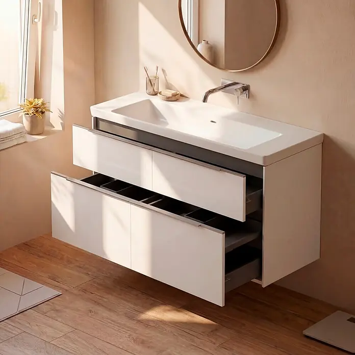 Villeroy & Boch Subway 3.0 Badmöbel-Set - Gesamtbreite Badmöbel: 127,2 cm, Brilliant White, Hahnloch: Ohne, Waschbecken in Weiß Alpin ohne Spezialglasur, Eine große Waschschüssel - Moderner weißer, wandmontierter Badunterschrank mit integriertem Waschbecken und zwei teilweise geöffneten Schubladen mit Innenorganisatoren.