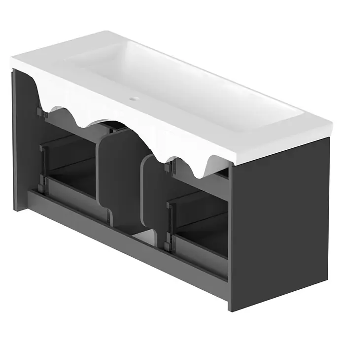 Villeroy & Boch Subway 3.0 Badmöbel-Set - Gesamtbreite Badmöbel: 127,2 cm, Graphite, Hahnloch: Mitte, Waschbecken in Weiß Alpin ohne Spezialglasur, Eine große Waschschüssel - Dunkelgrauer Waschtischunterschrank mit weißem Keramikwaschbecken, zeigt innere Schubladenauszüge und Wandausschnitte.
