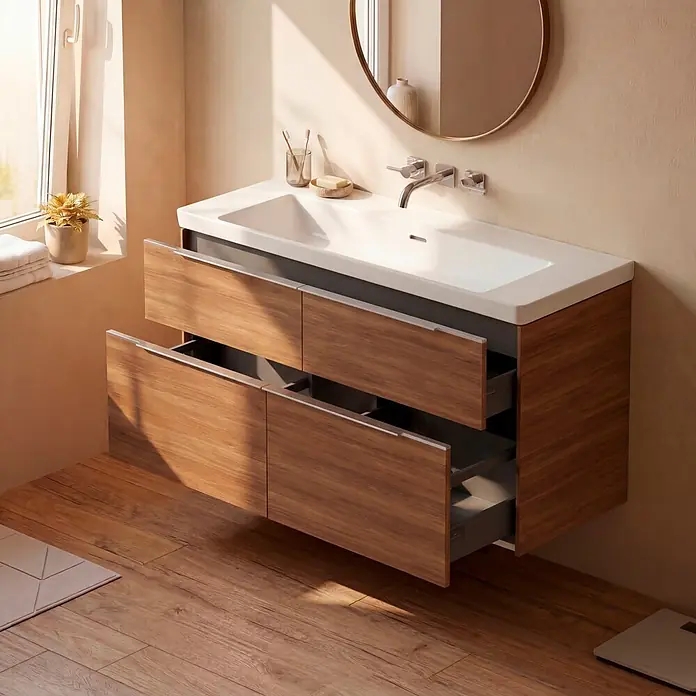 Villeroy & Boch Subway 3.0 Badmöbel-Set - Gesamtbreite Badmöbel: 127,2 cm, Kansas Oak, Hahnloch: Ohne, Waschbecken in Weiß Alpin mit schmutzabweisender Glasur, Eine große Waschschüssel - Moderner Badunterschrank mit weißem Waschbecken und geöffneten Holzschubladen, die Stauraum zeigen.
