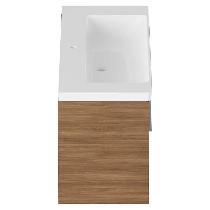 Villeroy & Boch Subway 3.0 Badmöbel-Set - Gesamtbreite Badmöbel: 127,2 cm, Kansas Oak, Hahnloch: Mitte, Waschbecken in Weiß Alpin ohne Spezialglasur, Eine große Waschschüssel - Waschtisch mit integriertem weißen Waschbecken und hellbraunem Holzunterschrank.