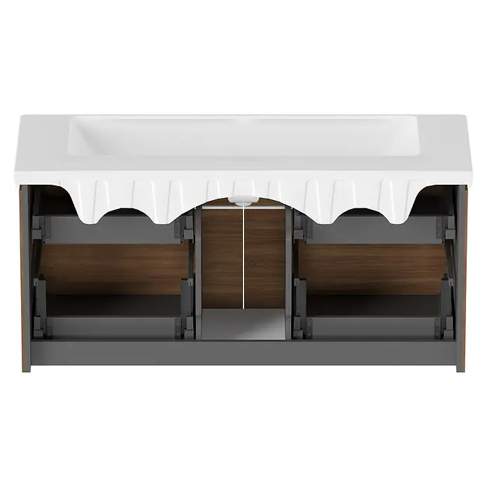 Villeroy & Boch Subway 3.0 Badmöbel-Set - Gesamtbreite Badmöbel: 127,2 cm, Kansas Oak, Hahnloch: Ohne, Waschbecken in Weiß Alpin mit schmutzabweisender Glasur, Eine große Waschschüssel - Offener Waschtischunterschrank mit weißem Waschbecken und zwei dunklen Holzschubladen, Blick auf den internen Siphon-Ausschnitt.