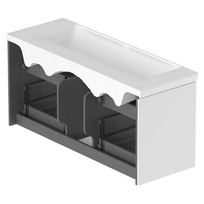 Villeroy & Boch Subway 3.0 Badmöbel-Set - Gesamtbreite Badmöbel: 127,2 cm, Brilliant White, Hahnloch: Ohne, Waschbecken in Weiß Alpin ohne Spezialglasur, Eine große Waschschüssel - Weißer Waschtisch mit integriertem Waschbecken und grauen offenen Fächern.