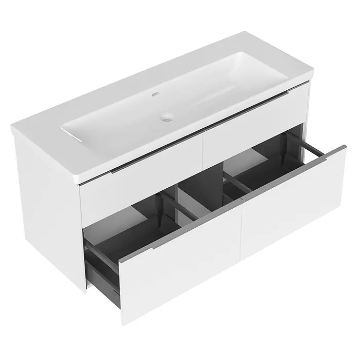 Villeroy & Boch Subway 3.0 Badmöbel-Set - Gesamtbreite Badmöbel: 127,2 cm, Brilliant White, Hahnloch: Ohne, Waschbecken in Weiß Alpin ohne Spezialglasur, Eine große Waschschüssel - Weißer Badezimmerschrank mit integriertem Waschbecken und offenen Schubladen mit grauem Innenleben.