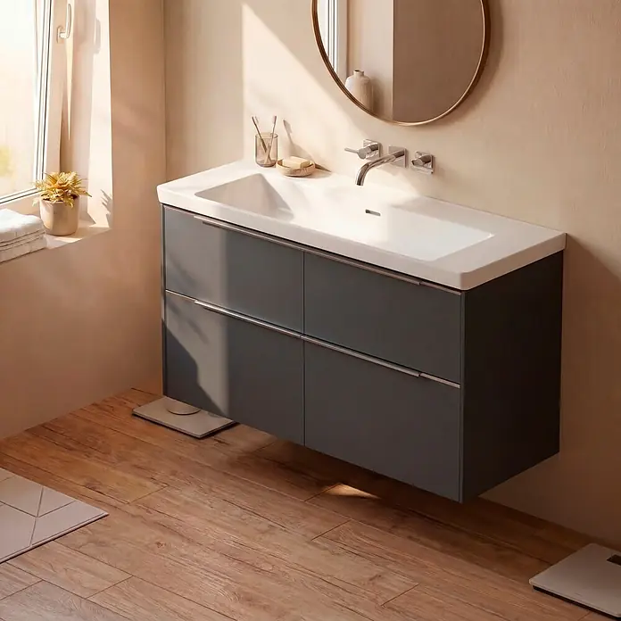 Villeroy & Boch Subway 3.0 Badmöbel-Set - Gesamtbreite Badmöbel: 127,2 cm, Graphite, Hahnloch: Ohne, Waschbecken in Weiß Alpin mit schmutzabweisender Glasur, Eine große Waschschüssel - Dunkelgrauer Badschrank mit weißem Waschbecken und silbernen Griffen in einem hellen, modernen Badezimmer.