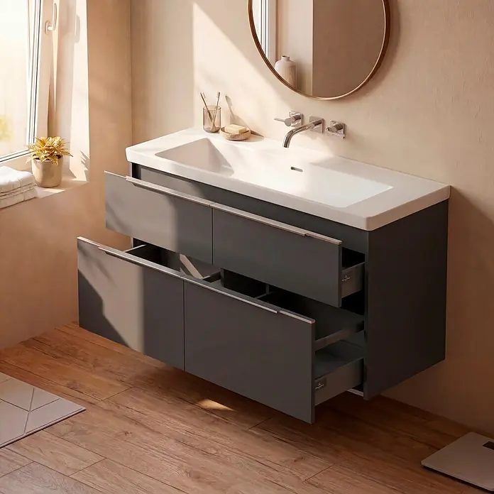 Villeroy & Boch Subway 3.0 Badmöbel-Set - Gesamtbreite Badmöbel: 127,2 cm, Graphite, Hahnloch: Ohne, Waschbecken in Weiß Alpin mit schmutzabweisender Glasur, Eine große Waschschüssel - Dunkelgrauer Badezimmerschrank mit weißem Waschbecken und zwei geöffneten Schubladen, wandmontiert.