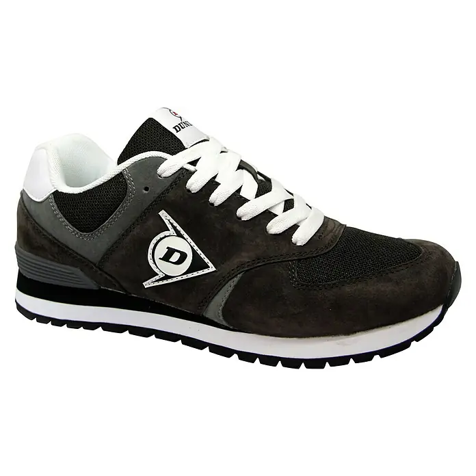 Dunlop Zapato bajo de seguridad Flying Wing - 38, Gris hormigón - Primer plano de una zapatilla deportiva Dunlop gris con cordones blancos y el logotipo de Dunlop en el lateral.